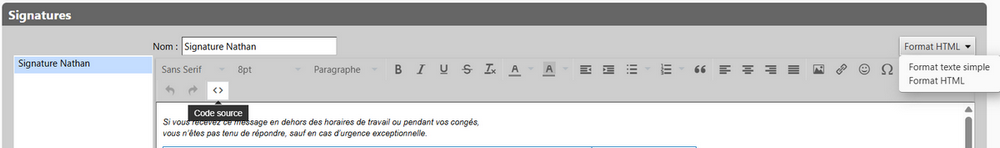 Préférences → Signatures → Format HTML → <> "code source"